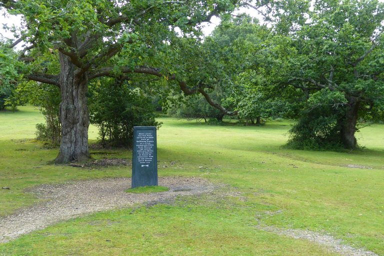The Rufus Stone among oak trees near Minstead